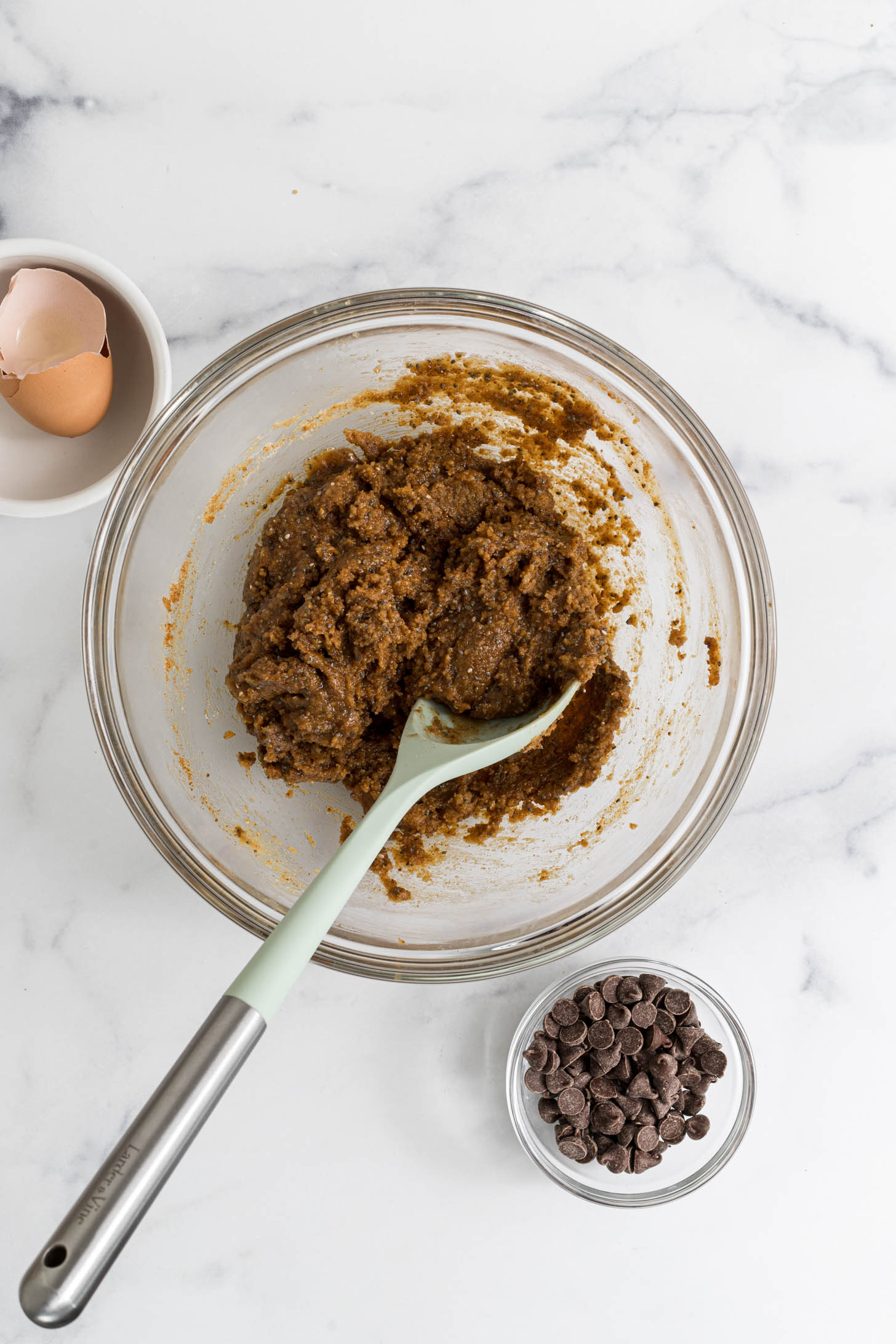 Dry and wet ingredients mixed in a bowl.