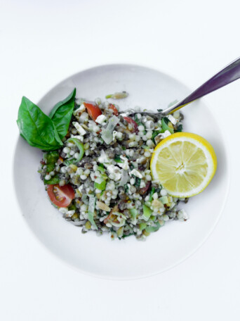 A bowl of lentil harvest grain salad.