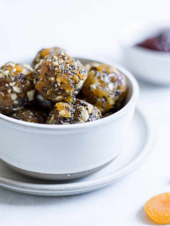 A bowl of Apricot Energy Balls.