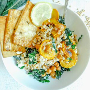 A bowl of farro salad.