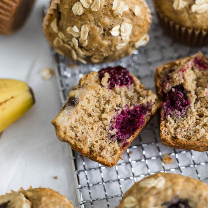 A blackberry muffin cut in half.