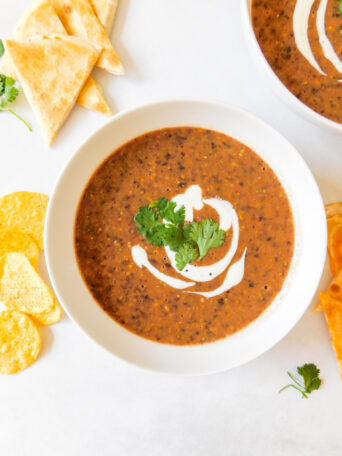 A bowl of Black Bean and Corn Soup.