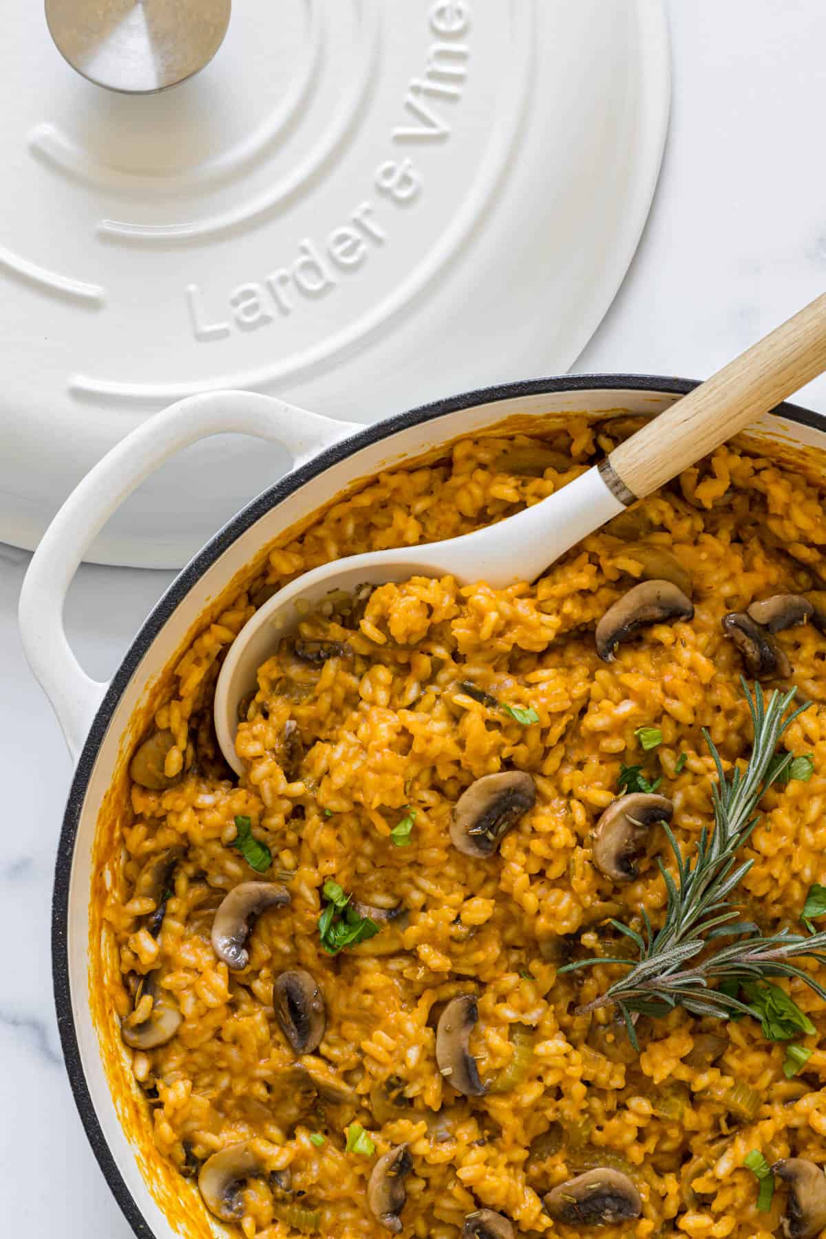 Overhead view of Pumpkin Mushroom Risotto in Larder and Vine braiser.