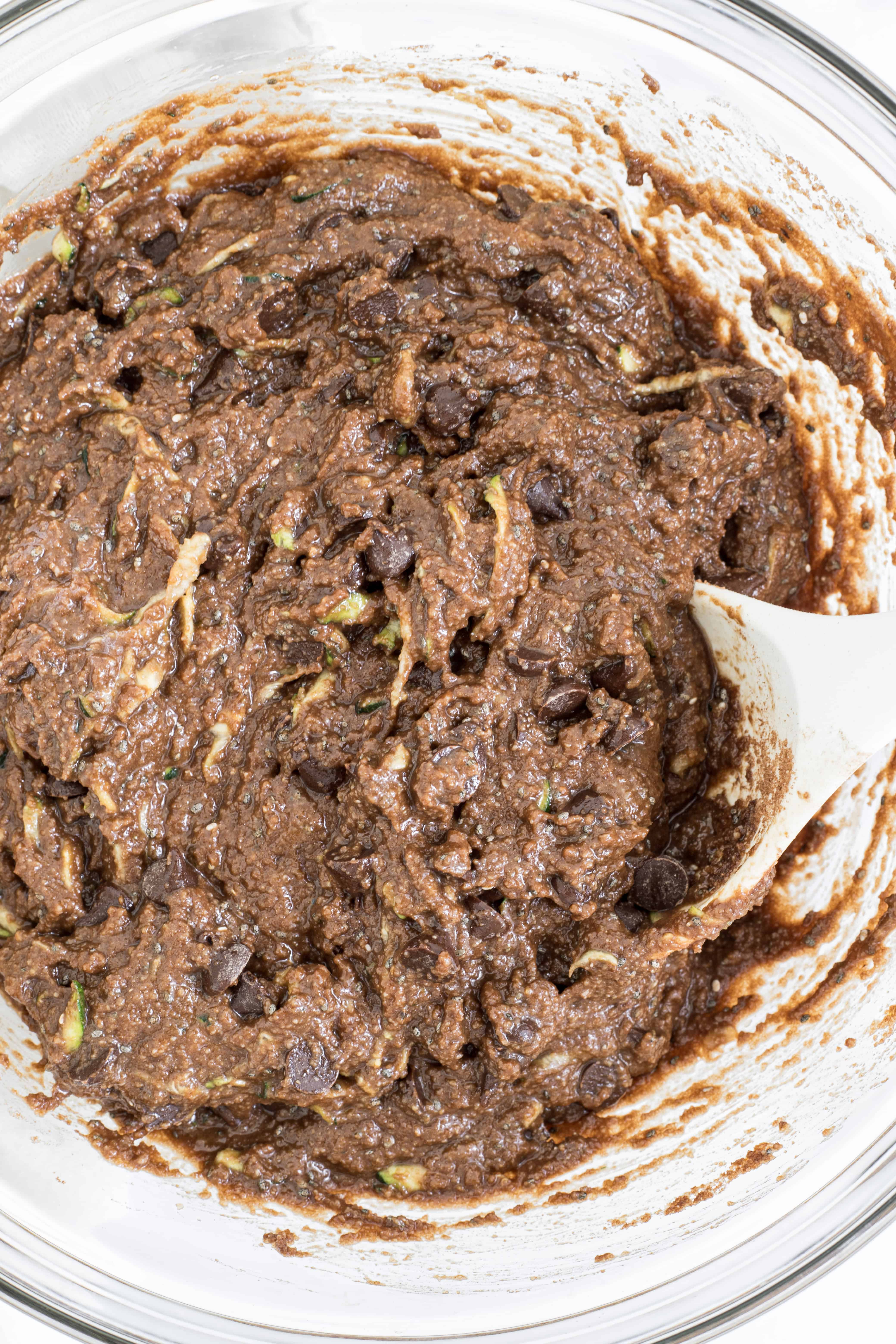 Muffin batter with chocolate chips in a bowl.