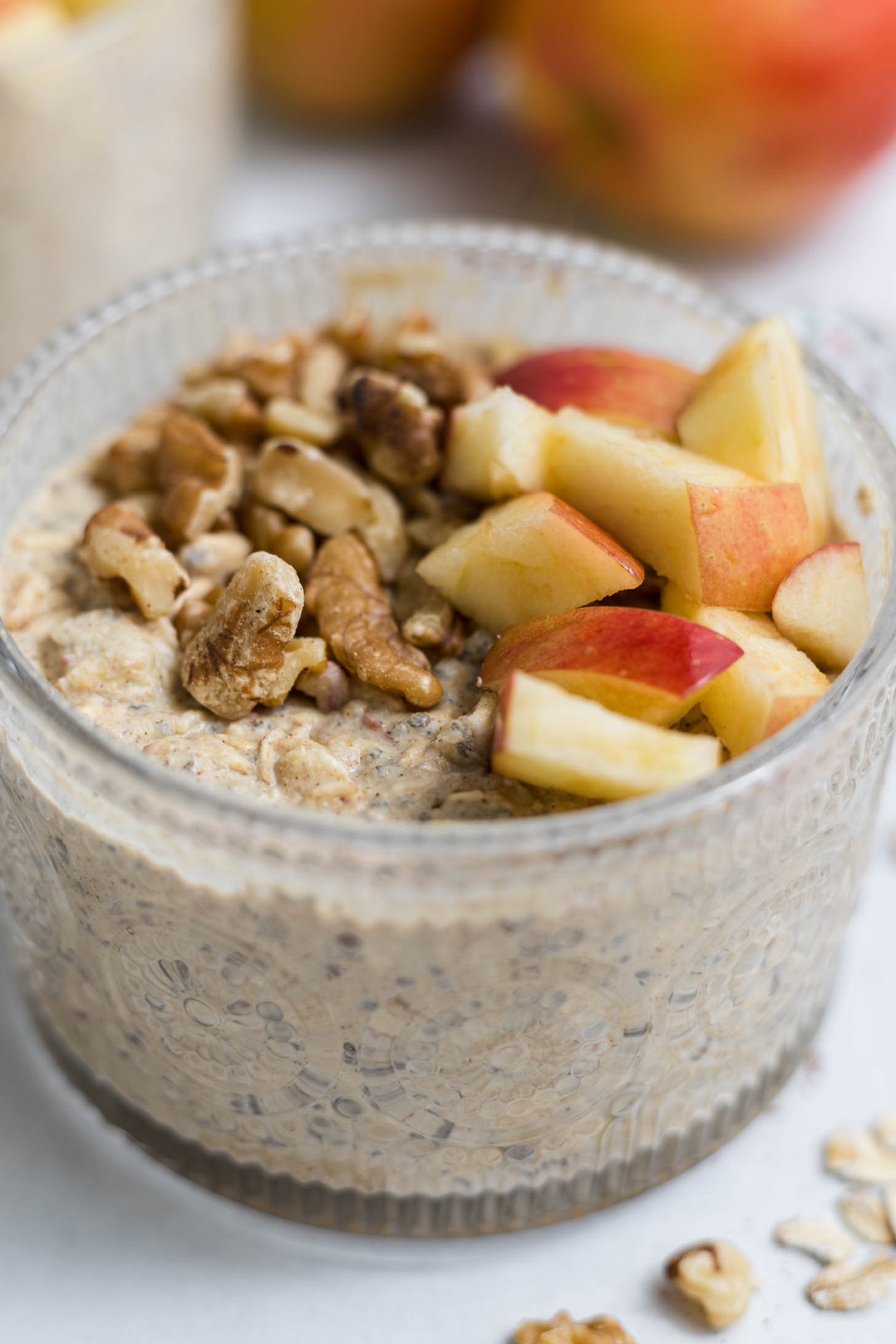 Overnight oats topped with apples and walnuts.