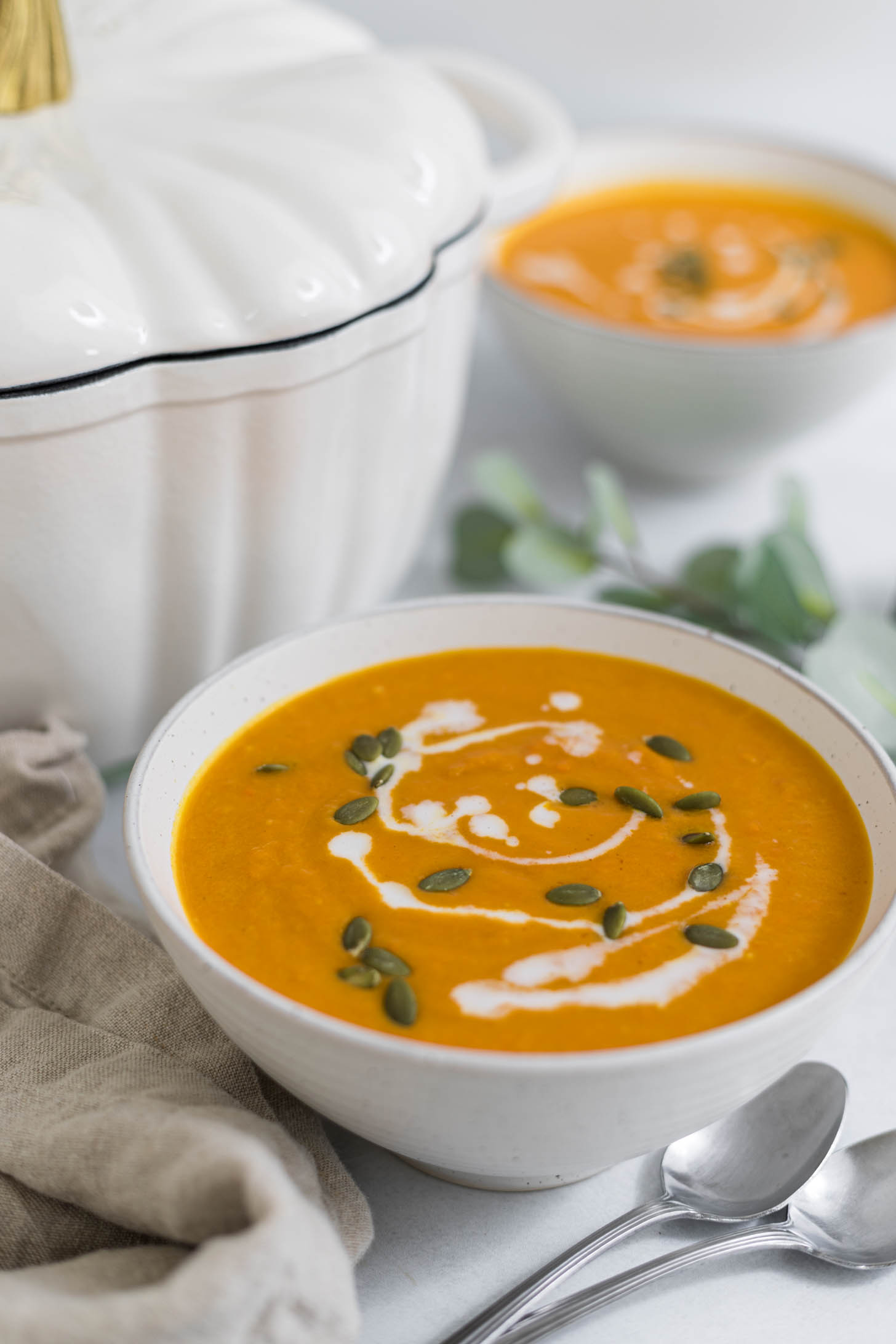 Soup in a bowl with pumpkin seeds on top and the dutch oven sitting behind it.