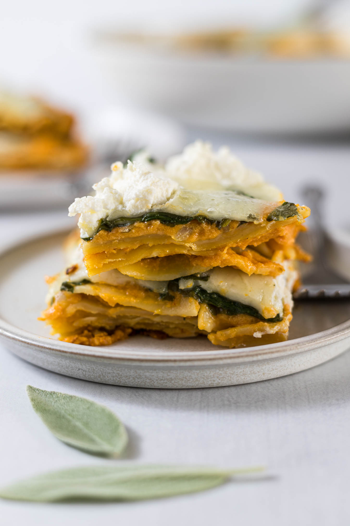 Stack of lasagna on a plate.